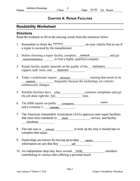 Chapter 6 Readability Answers: Autoupkeep Academy Worksheet Answers