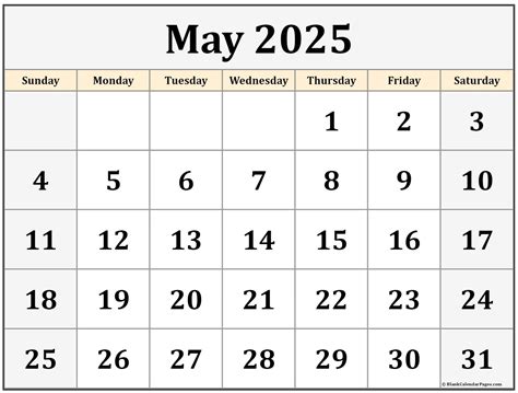 Calendar for May 2025