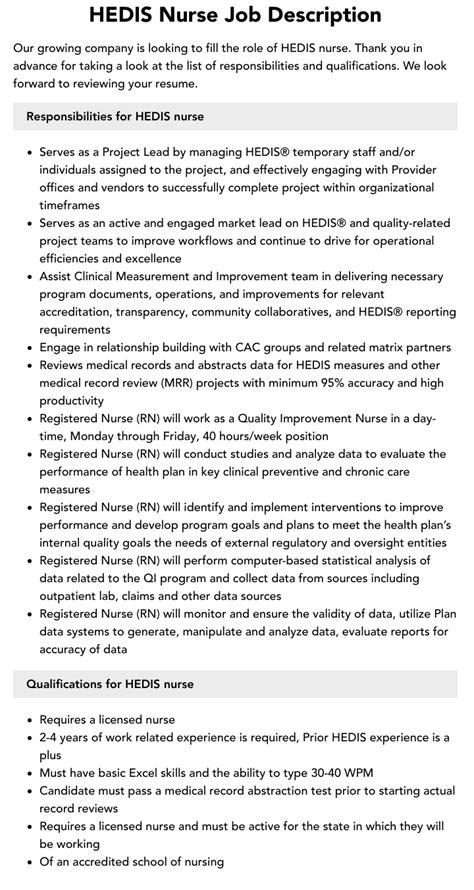 HEDIS Coordinator Job Description: Empowering Healthcare Quality and Patient Outcomes