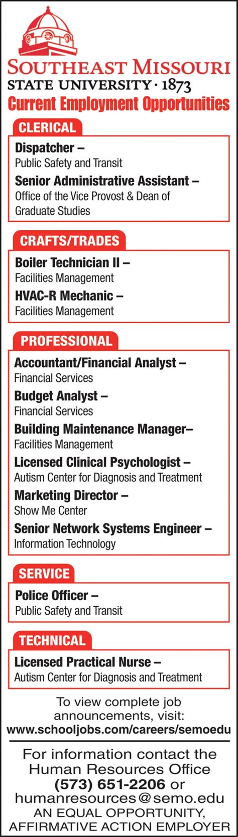 Southeast Missouri State University Jobs: Explore a World of Opportunities Career Paths at SEMO Strategies for Success in the Job Search Common Mistakes to Avoid Pros and Cons of Working at SEMO Table 1: SEMO Employee Benefits Table 2: Faculty Positions at SEMO Table 3: Administrative Positions at SEMO Table 4: Professional Staff Positions at SEMO Conclusion