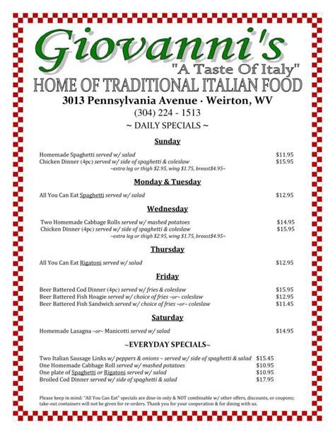 Giovanni’s Sophia WV Menu: A Culinary Journey to Italian Delights Why Giovanni’s Sophia WV Menu Matters Common Mistakes to Avoid Tables to Delight Pain Points and Motivations Conclusion