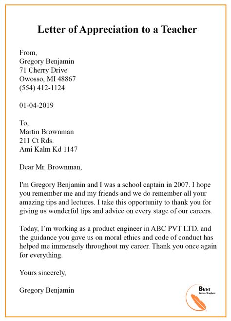 Thank You Letter for Teacher from Student Teacher: Expressing Gratitude for Guidance and Support