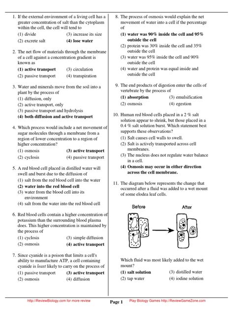 Biological Concepts Regents Questions Unit 1 with Answers